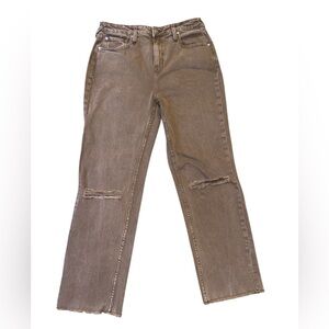 Cleo+Wolf | Tan Brown Straight-Leg Jeans | Distressed Knees, High Rise, Size 29